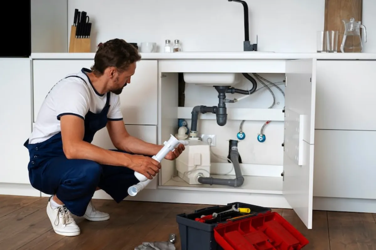 Plumber looking pipes under the sink after work