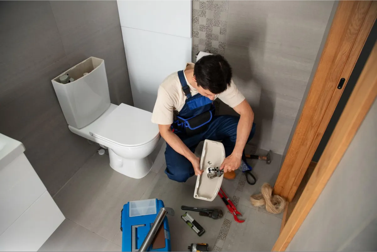 Plumber in blue overalls kneeling on gray tile floor working on toilet installation